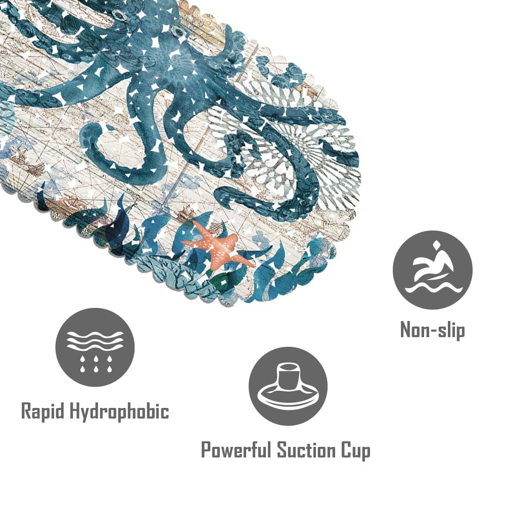 MOLFUJ Non Slip Octopus Bathtub Mat with Suction Cups, Oval Pebble Shower Mat for Baby Tub,Safety Vinyl Anti-Skid Decoration Bath Mat, Coastal Ocean Beach Nautical Themed Decor Bathroom Accessories