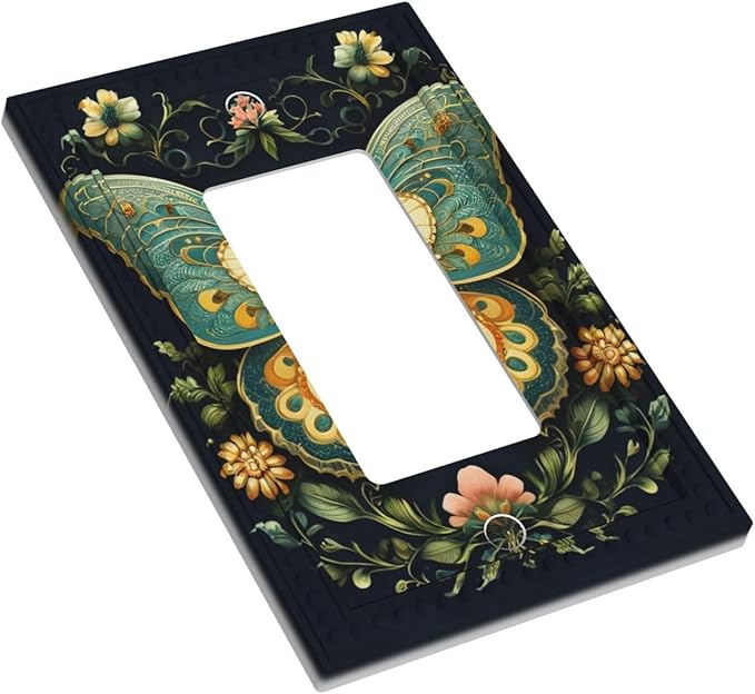 Butterfly Ornate with Flower Single Decora Outlet Wall Plate 1 Gang Rocker Decorative Switchplate Faceplate GFCI Light Switch Covers for Home Living Decor