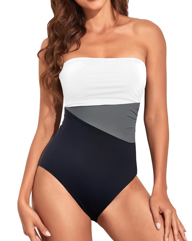 Holipick Women Black White Grey Strapless Bandeau One Piece Swimsuits Tummy Control Bathing Suits Halter Strapless Swimwear L