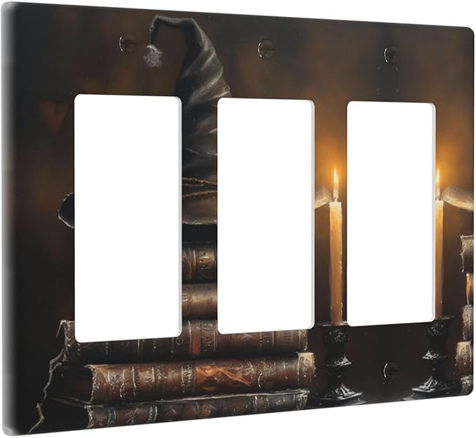 Decorative Art Light Switch Covers Wizard’s Hat & Spellbooks 3 Gang Triple Rocker Outlet Switch plate GFCI Faceplate GFCI for Home Decor