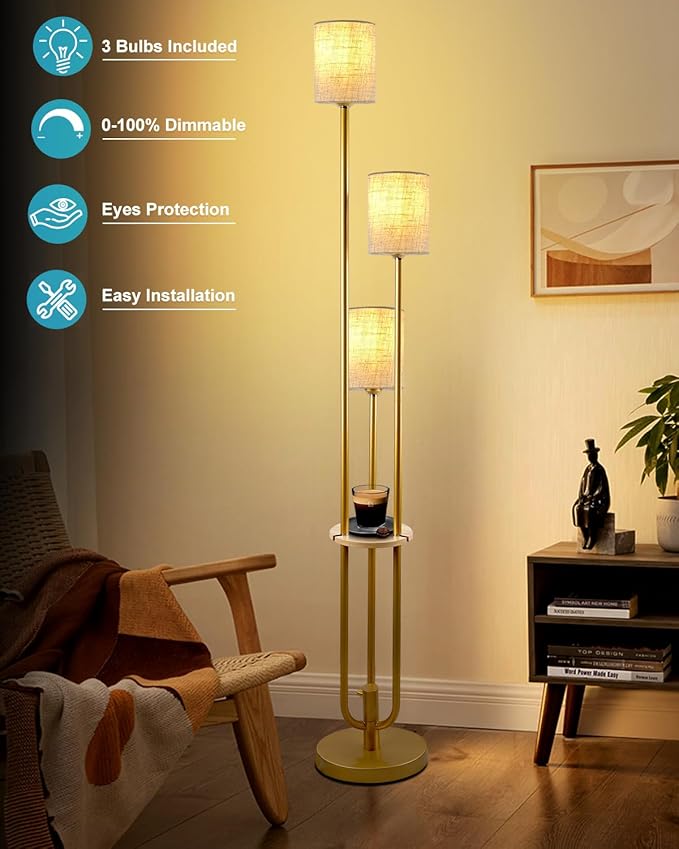 Lightdot Dimmable Floor Lamp for Living Room 3-Light Candle Holder Style Modern Floor Lamps with Table&Linen Beige Shade 3000K Warmwhite Gold Standing Lamp for Bedroom (Bulbs Included)