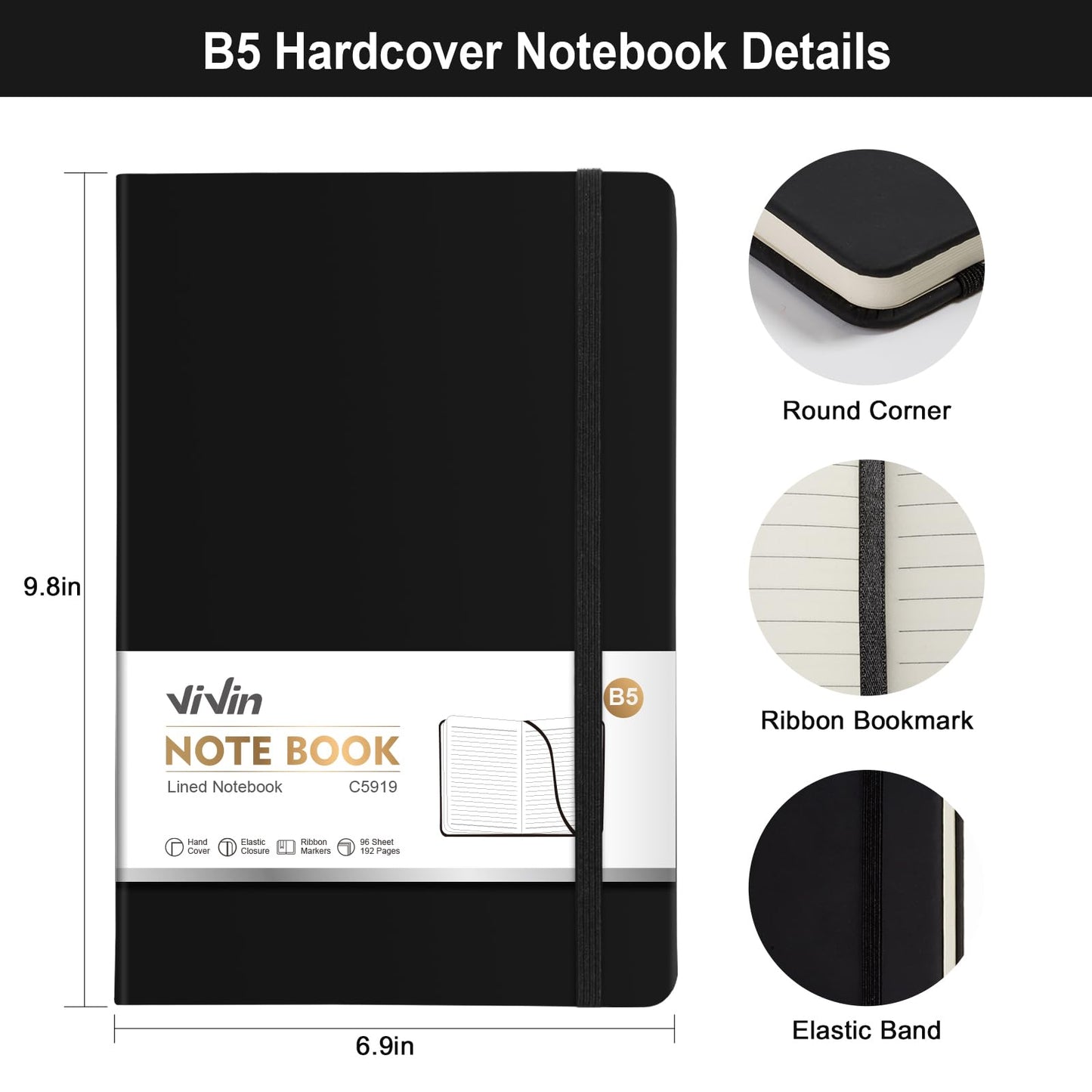 Vivin B5 College Ruled Notebook for Work,6.9"x9.8" Leather Hardcover Journal,192 Pages Professional Lined Notebook for Office & Business