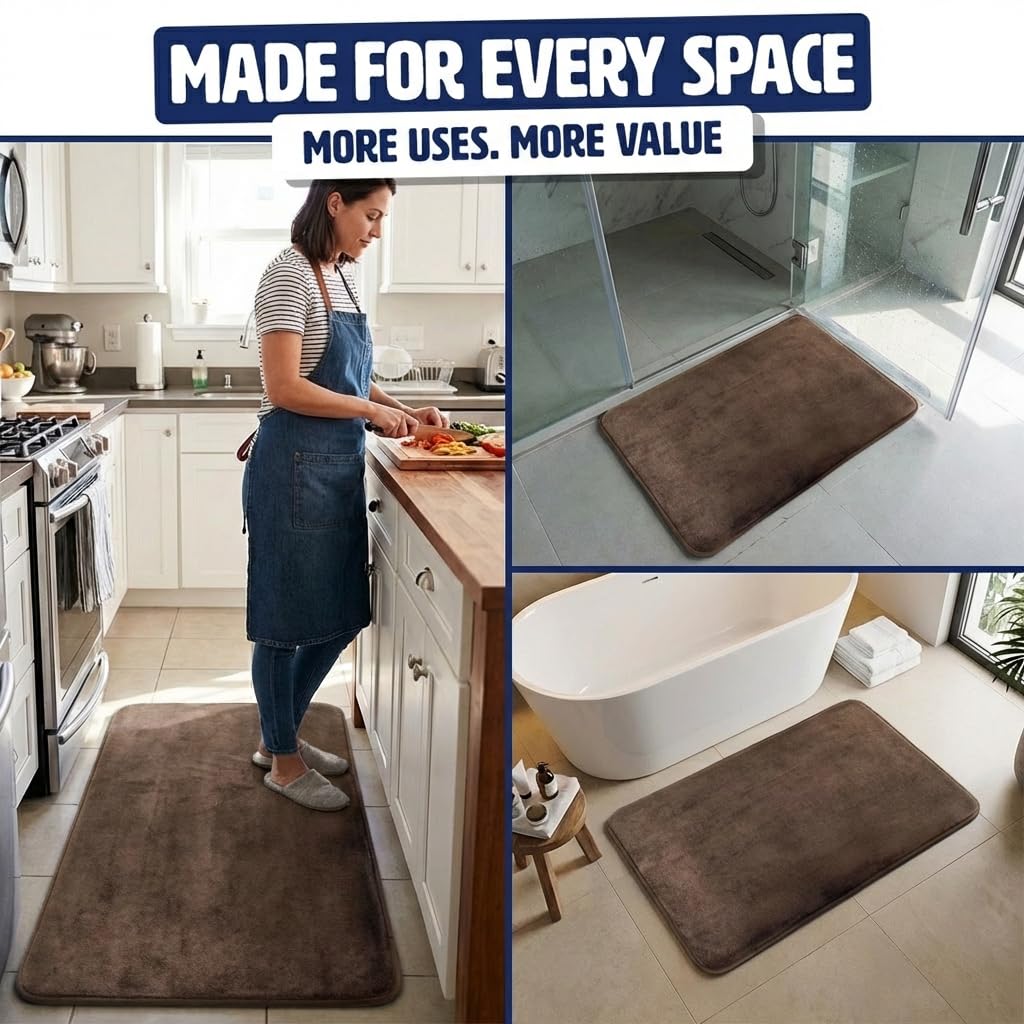 Muddy Mat® Memory Foam Bath Mat Set 2 Piece – Velvet Soft Non Slip Bathroom Rugs Set, Thick Absorbent Washable Bath Mats for Bathroom Floor and Shower, Brown 20"x30" + 20"x20" U-Shaped