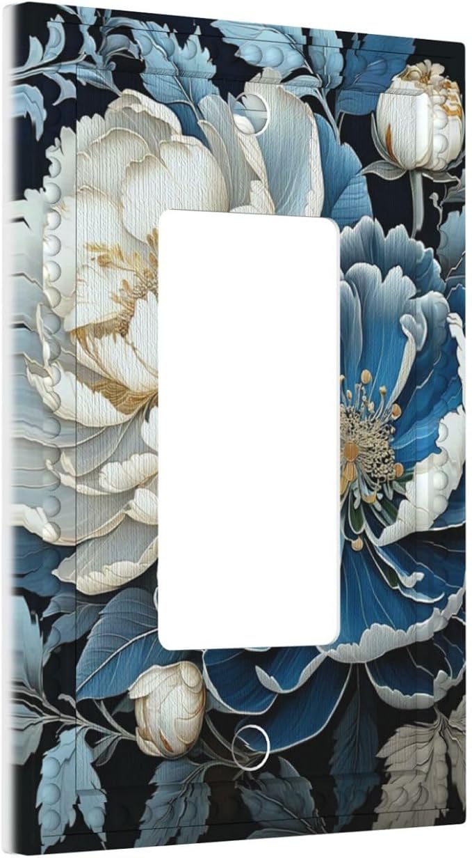 White Blue Flower Peonies Single Decora Outlet Wall Plate 1 Gang Rocker Decorative Switchplate Faceplate GFCI Light Switch Covers for Home Living Decor