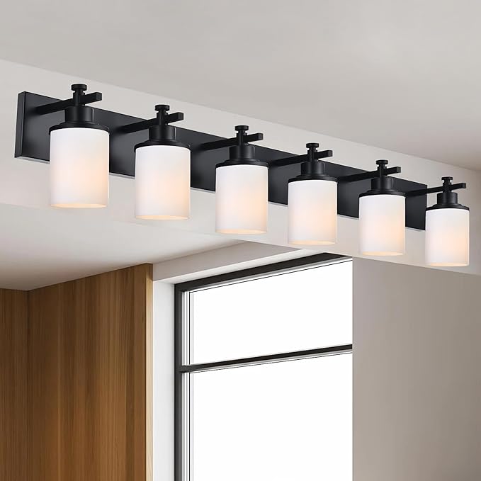 MELUCEE 6 Light Vanity Lighting Fixtures, Matte Black Bathroom Vanity Light with Milky White Glass Shade, Industrial Wall Sconce Lighting for Bath Dressing Room Living Room Hallway