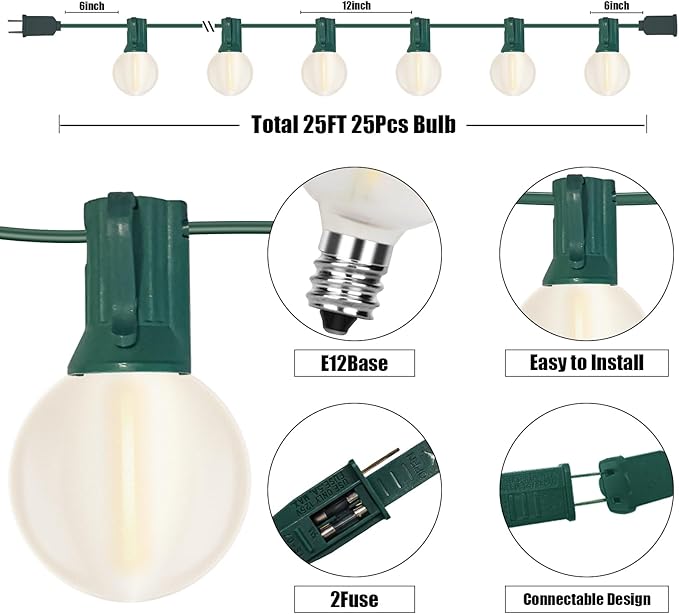 Abeja 25Ft Frosted White String Lights, G40 Globe Patio String Lights with 27 Frosted White Bulbs, Vintage Backyard Patio Lights for Backyard Porch Balcony Party Wedding Umbrella- Green Wire