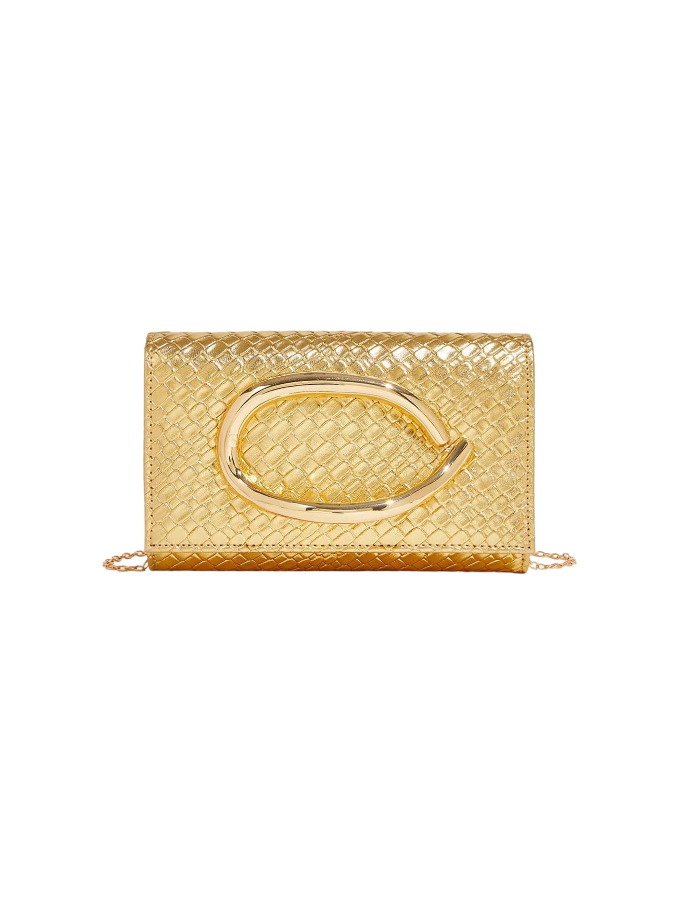 QWINEE Women's PU Leather Evening Wedding Party Clutch Purse with Chain Metal Decoration Trendy Causal Shoulder Bag Gold One Size