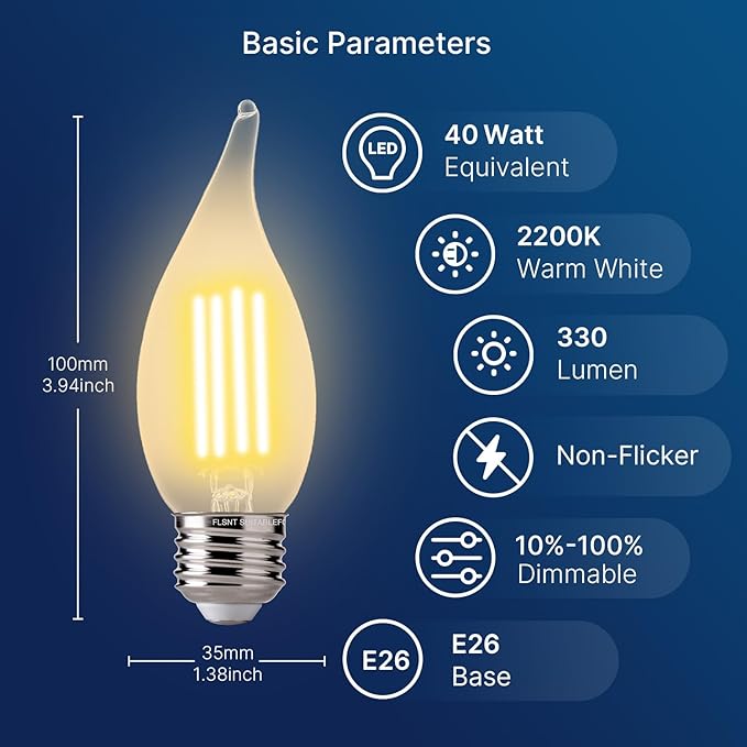 FLSNT CA11 E26 LED Candelabra Bulbs, Dimmable LED Chandelier Light Bulbs, 40W Equivalent, 2200K Warm White Light, 330LM, Amber Glass Finishing, 24 Pack UL,CA65 Listed.