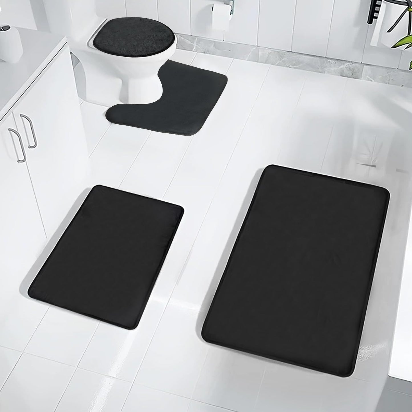 Uowuoiw Memory Foam Black Bathroom Rug Set 4-Piece, Soft & Supportive Bath Mat Set, Super Absorbent & Quick Dry, Non-Slip Backing, Machine Washable Rugs for Bathroom, Tub & Shower (Black)