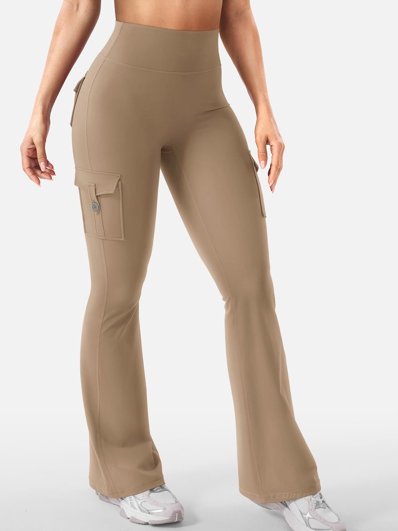 YEOREO CoreFlex Women Workout Flare Leggings with Pockets Hidden Scrunch High Waisted Cargo Gym Yoga Leggings Light Brown XXL