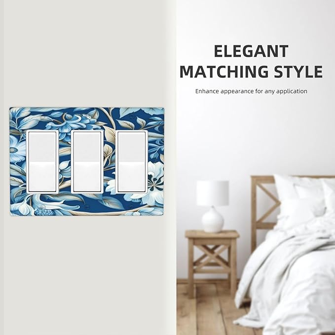 Blue Flowers Branches Leaves Floral Pattern 3 Gang Rocker Triple Outlet Wall Plate Decorative Switchplate Cover Faceplate GFCI Light Switch Covers for Farmhouse Living Decor