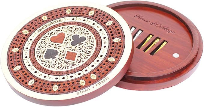House of Cribbage - 2 Track 60 Points - Round Shape Pocket Size Wooden Travel Cribbage Board - Size 4 Inch (Maple Wood/Bloodwood)
