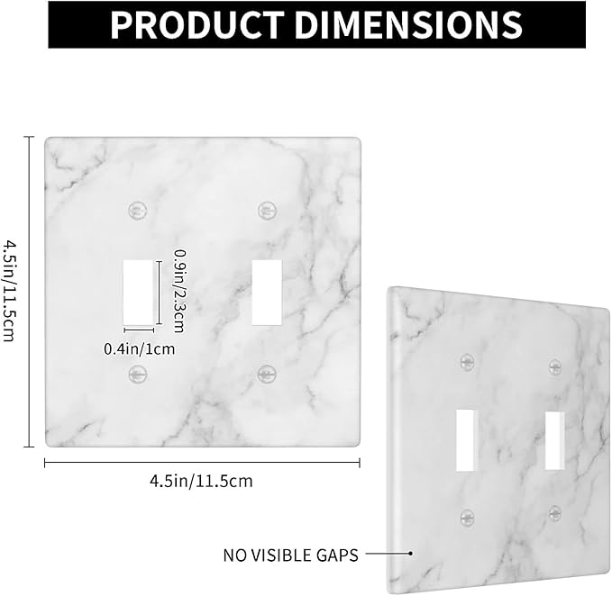 White Marble Pattern Light Switch Cover Decorative Double Toggle Wall Plate 2-Gang Art Print Faceplate for Kitchen Home Kids Room Decor 4.5" X 4.5"