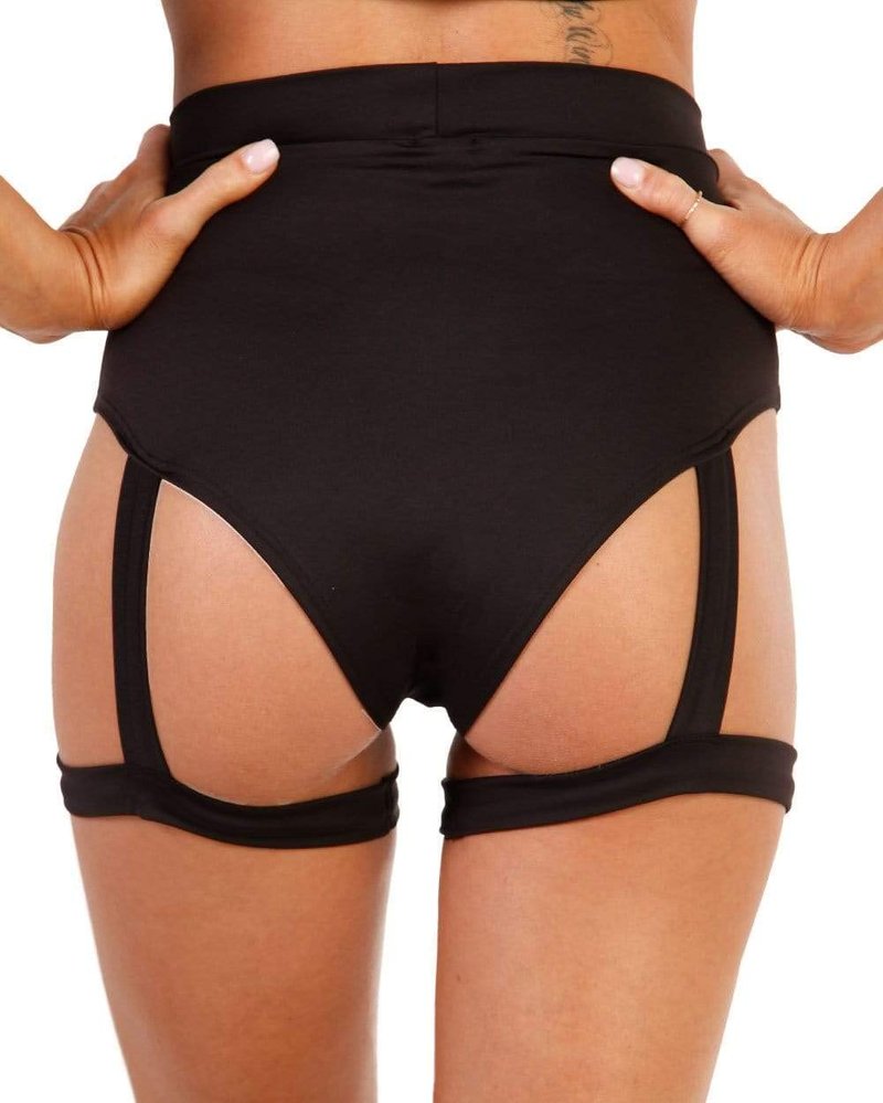 iHeartRaves Showdown Harness High Waisted Booty Shorts for Women Rave Bottoms Pole Dance Shorts (Black, Small)
