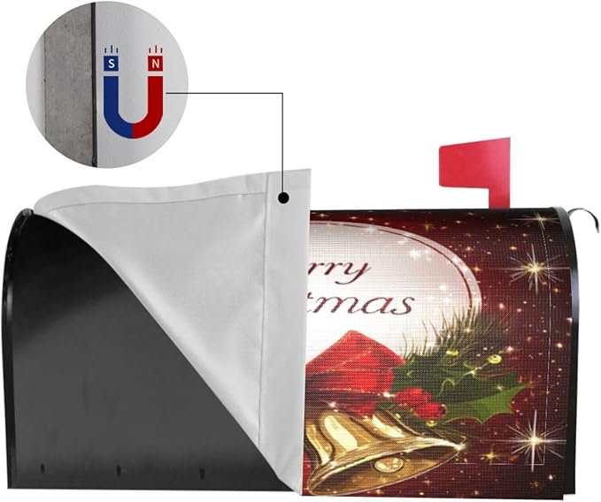 Festive Magnetic Mailbox Cover Christmas Bell Pattern Outdoor Mailbox Protector Holiday Seasonal Decorative Garden Yard Home Large Size 25.5 x 21 Inch