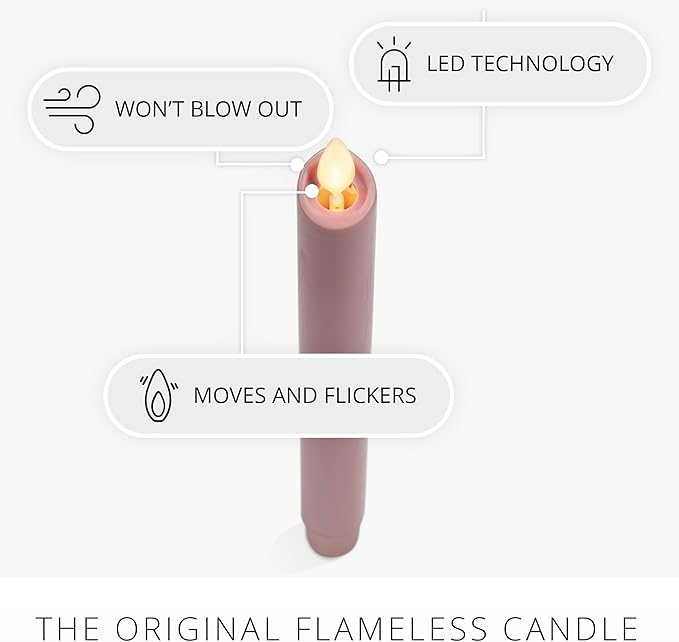 Luminara Flameless Candle Taper (1" x 9.5") Melted Top Real Wax Unscented Remote Ready Timer (Blooming Mauve)