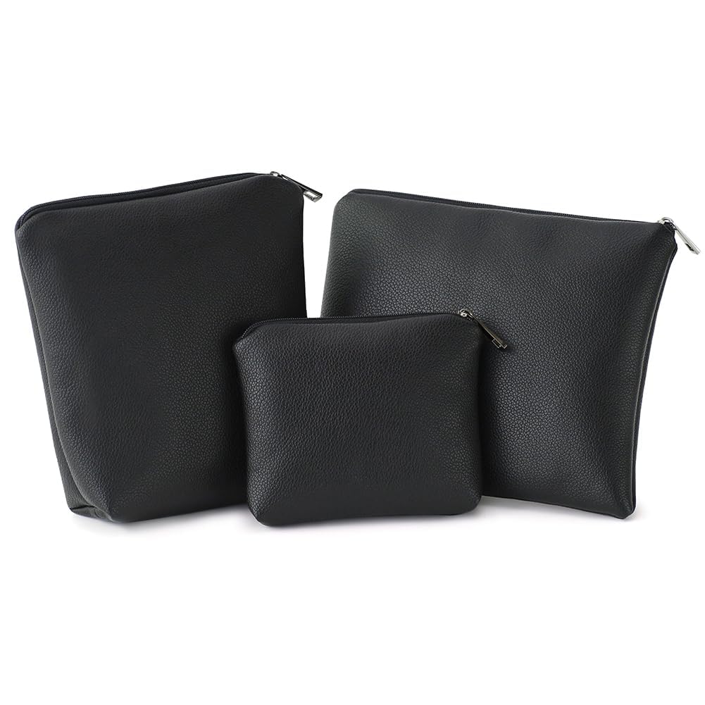 BBORGDC Small Cosmetic Bag Set of 3 for Purse, Black PVC Leather Cosmetic Pouches, 3 Sizes Zipper Organizer for Travel & Toiletries, Daily Bag Organizer, Gift for Women
