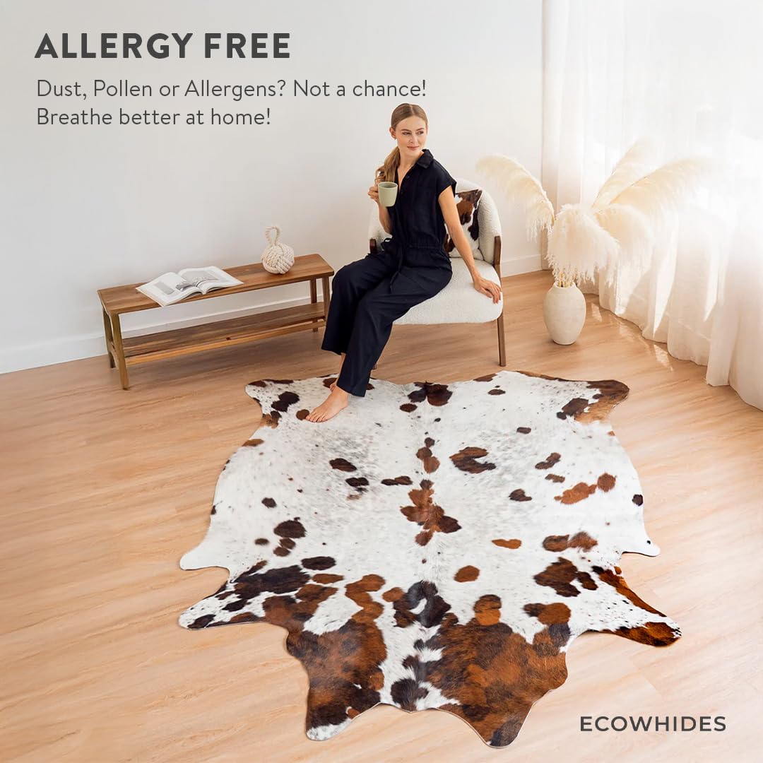 Ecowhides 100% Genuine Brazilian Cowhide Rug - Tricolor White - Luxury Cowskin Cow Hide Leather Area Rug Home Decor (X-Large) 7 x 6 ft