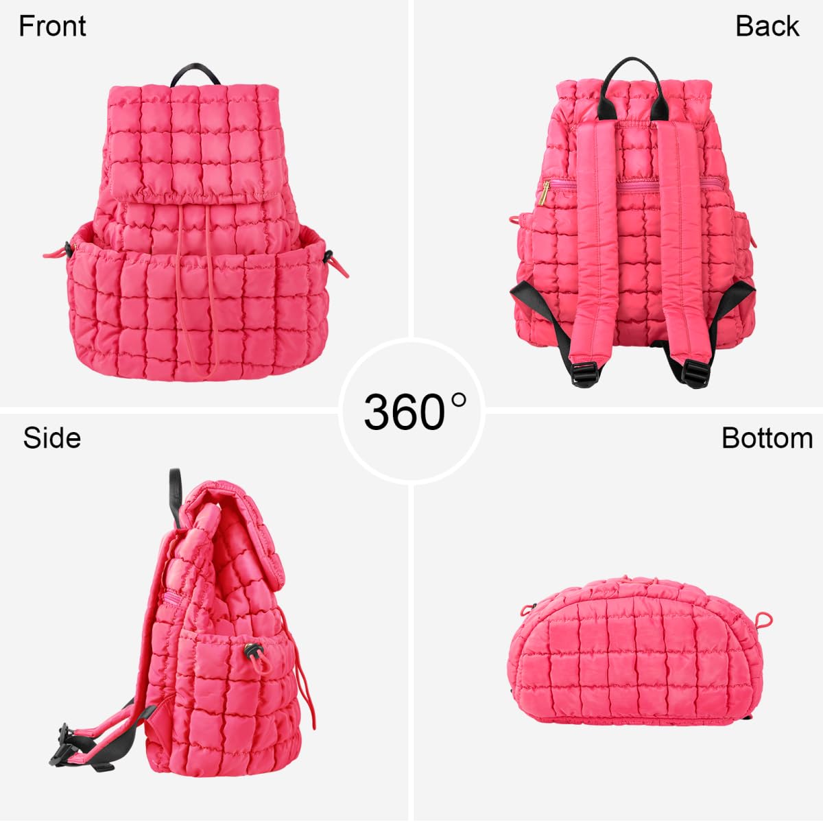 XSUIOY Quilted Backpack Purse for Women Small Lightweight Puffer Puffy College Laptop Backpack Nylon Casual Bookbag Daypack Top Flap Drawstring Padding Hiker Travel Gym Backpack(Rosered)