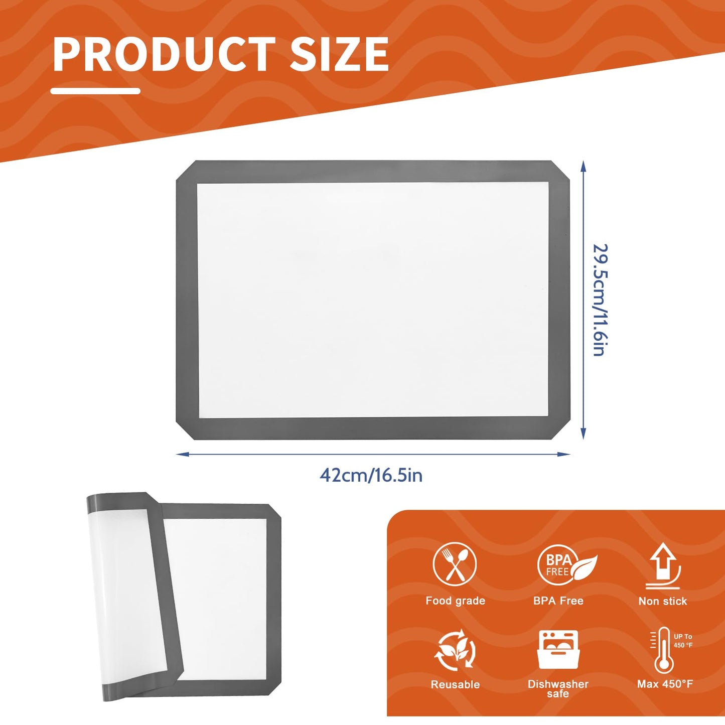 KitchenRaku Silicone Baking Mat, 16.5"x11.6" Non Stick Reusable Silicone Cooking Mat, BPA Free Baking Sheet for Cookies, Macarons Bread & Pastry, Toaster Pad Set of 2