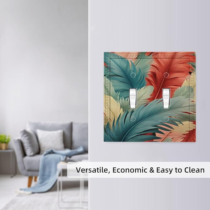 Colorful Feathers Blue Red Light Switch Covers Double Toggle 2 Gang Wall Plate Dual Decorative Switchplate Electrical Faceplate for Farmhouse Decor
