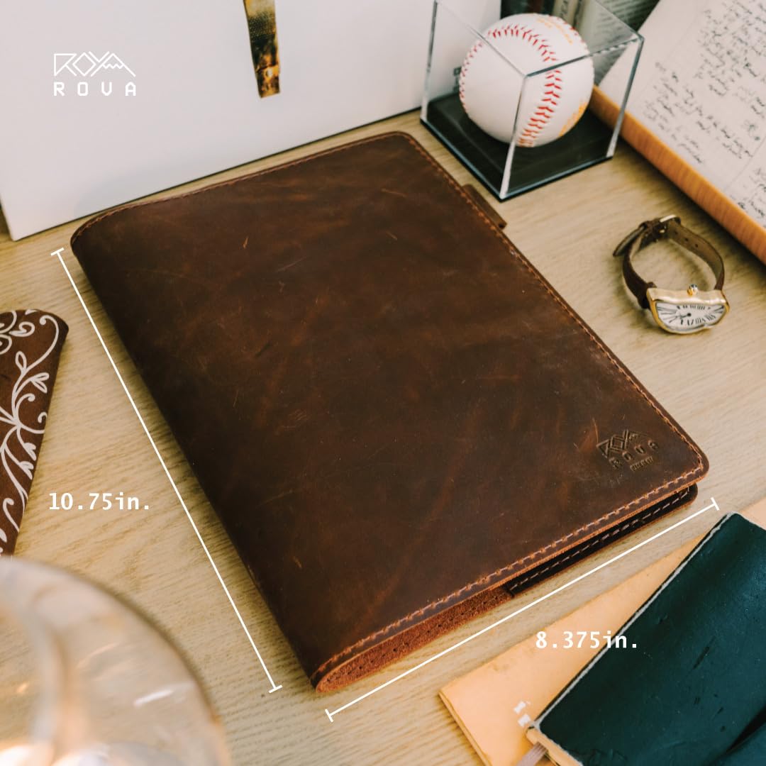 ROVA Full Grain Leather Notebook Journal Cover - Hand Crafted in the USA - Fits Moleskine XL (9.75" x 7.5") - Lay Flat Design with Pen Loop - Brown