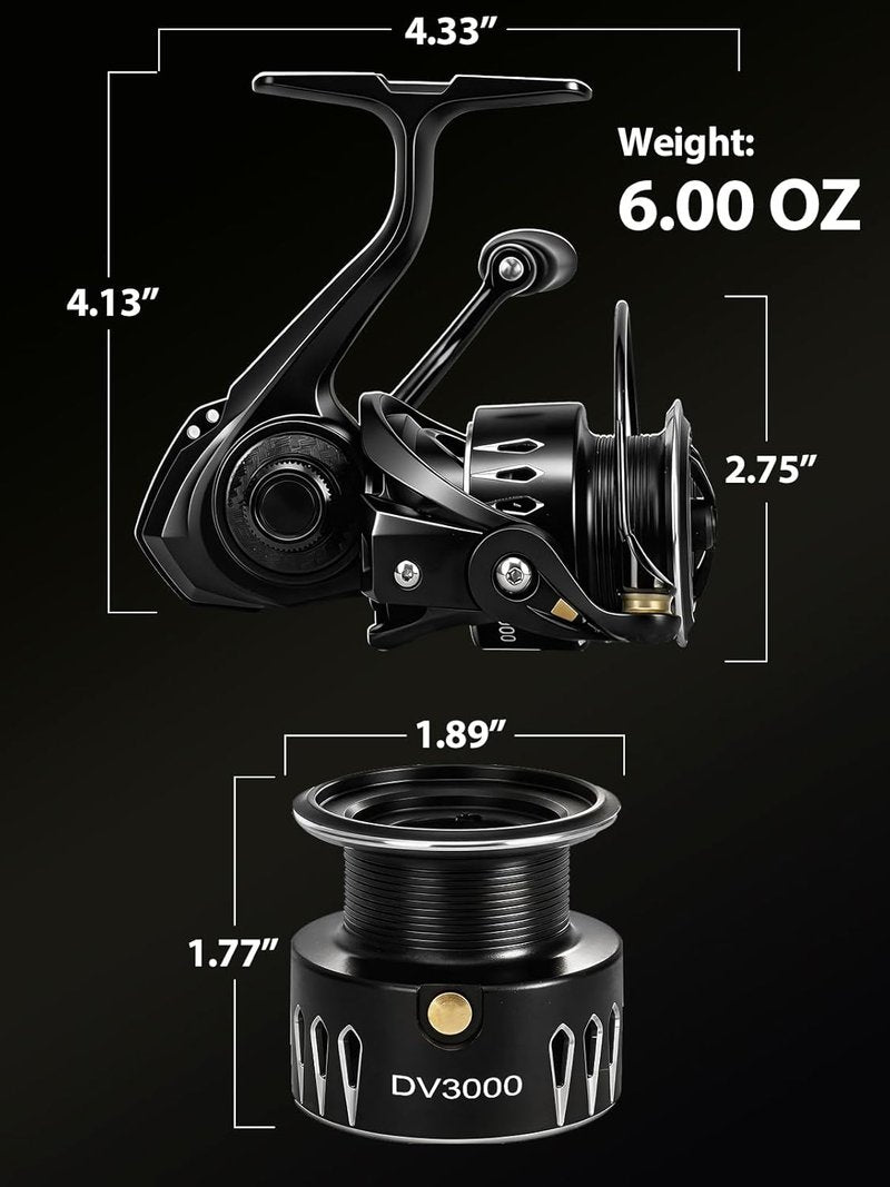 Lightweight Spinning Fishing Reel - Sealed Carbon Fiber, 20 LB Max Drag | 5.2:1 Gear Ratio, CNC Aluminum Spool, 1000-5000 Series