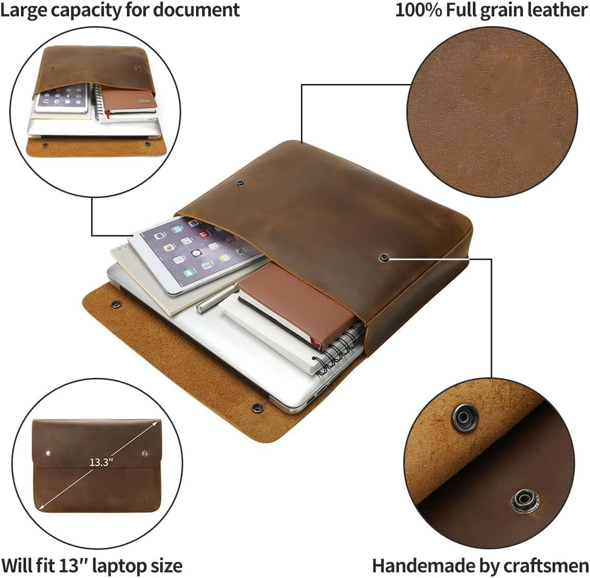 MILITARIA STUFFS Leather File Folder Organizer Document Holder, File Case, A5 Binder, Envelope Portfolio, Portfolio,Spacious Leather Folio Laptop Sleeve Case for 13" 14" 15" Laptops,Macbook & Tablets