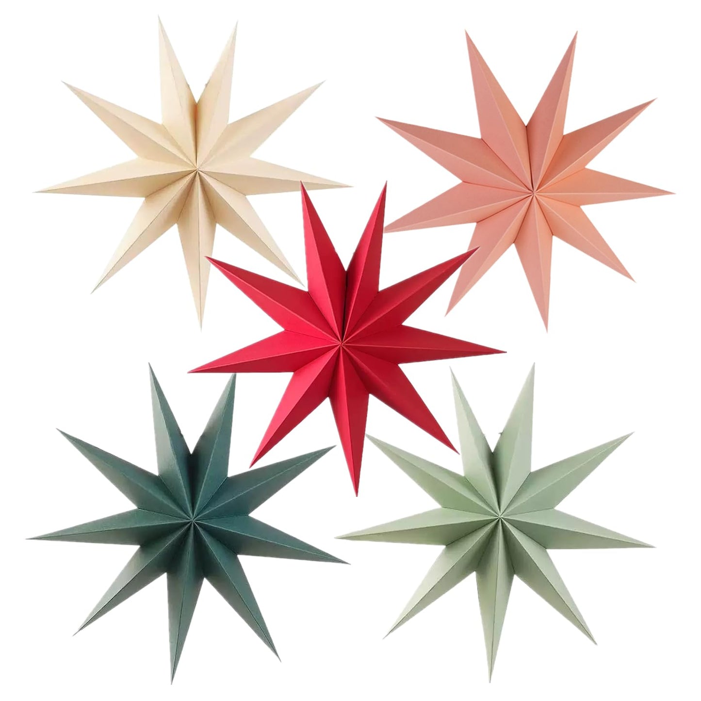 5Pcs Red Pink Green Beige Christmas Paper Star,12 Inch Large 9 Pointed Hanging Star Lantern for Xmas Tree,Fireplace,Porch,Birthday Party,Home Decor