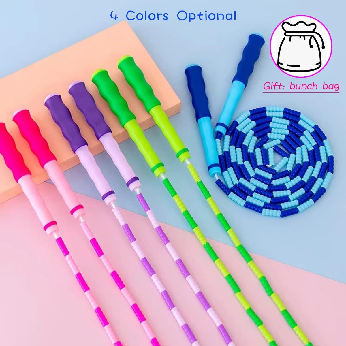 TYSISKNO Soft Beaded Jump Ropes for Kids Girls and Boy, Adjustable Skipping Rope, Tangle-Free Segmented Rope for Kid Exercise, Keeping Fit, Training - 9Ft (4 Pack - Pink/Blue/Green/Purple)