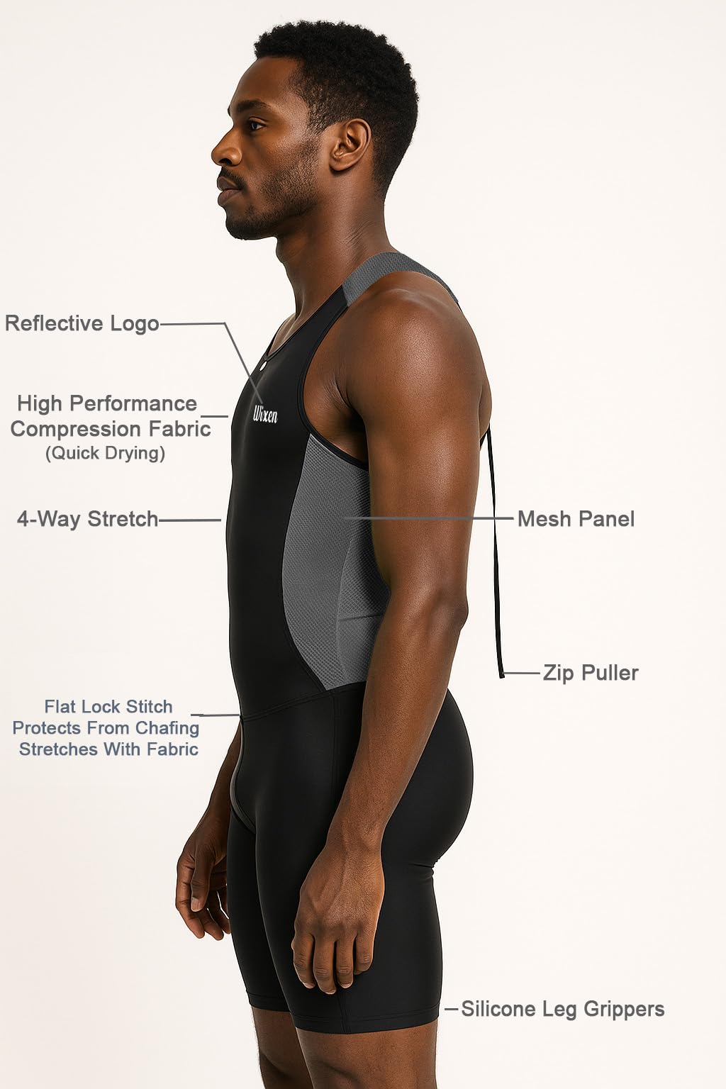 Wixen Men's Performance Triathlon Suit Sleeveless Tri Suit Padded Quick Dry Run Swim (Gray l)