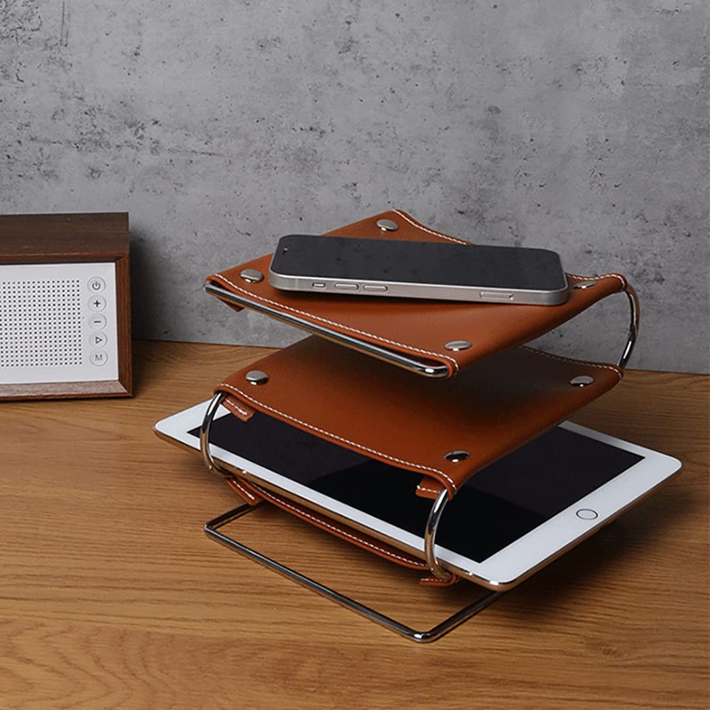 Effortlessly Organize Your Space with Our Triple-Decker Leather Tray in Luxurious Faux Leather (Brown)