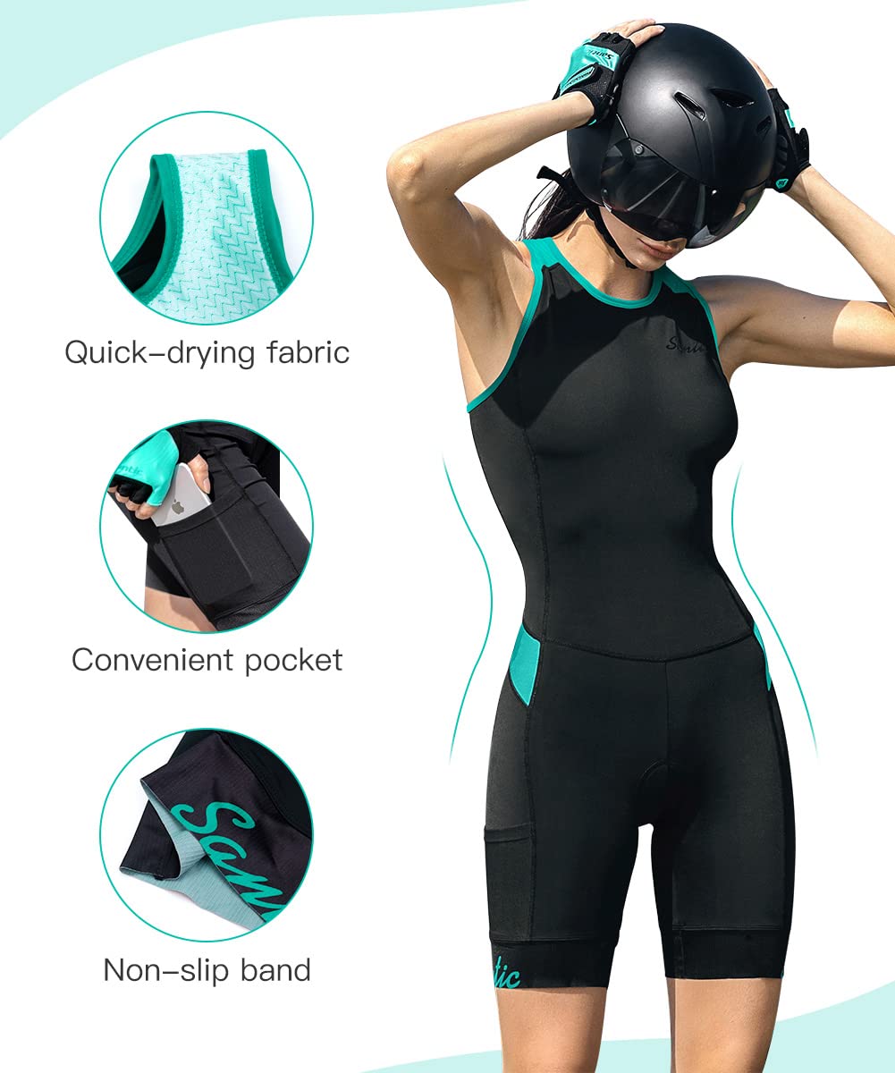 Santic Triathlon Suit for Women tri Suit Back Zipper One-Piece Swimsuits Quick-Dry with Padding(Green,M)