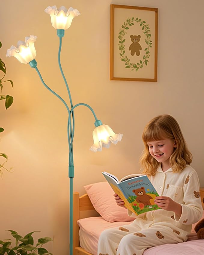 Lightdot Vintage Flower Floor Lamp for Living Room Modern Standing Lamp with DIY Flexible Branch Pole Spring Green Cute Corner Floor Lamps for Kids/Girls' Bedroom