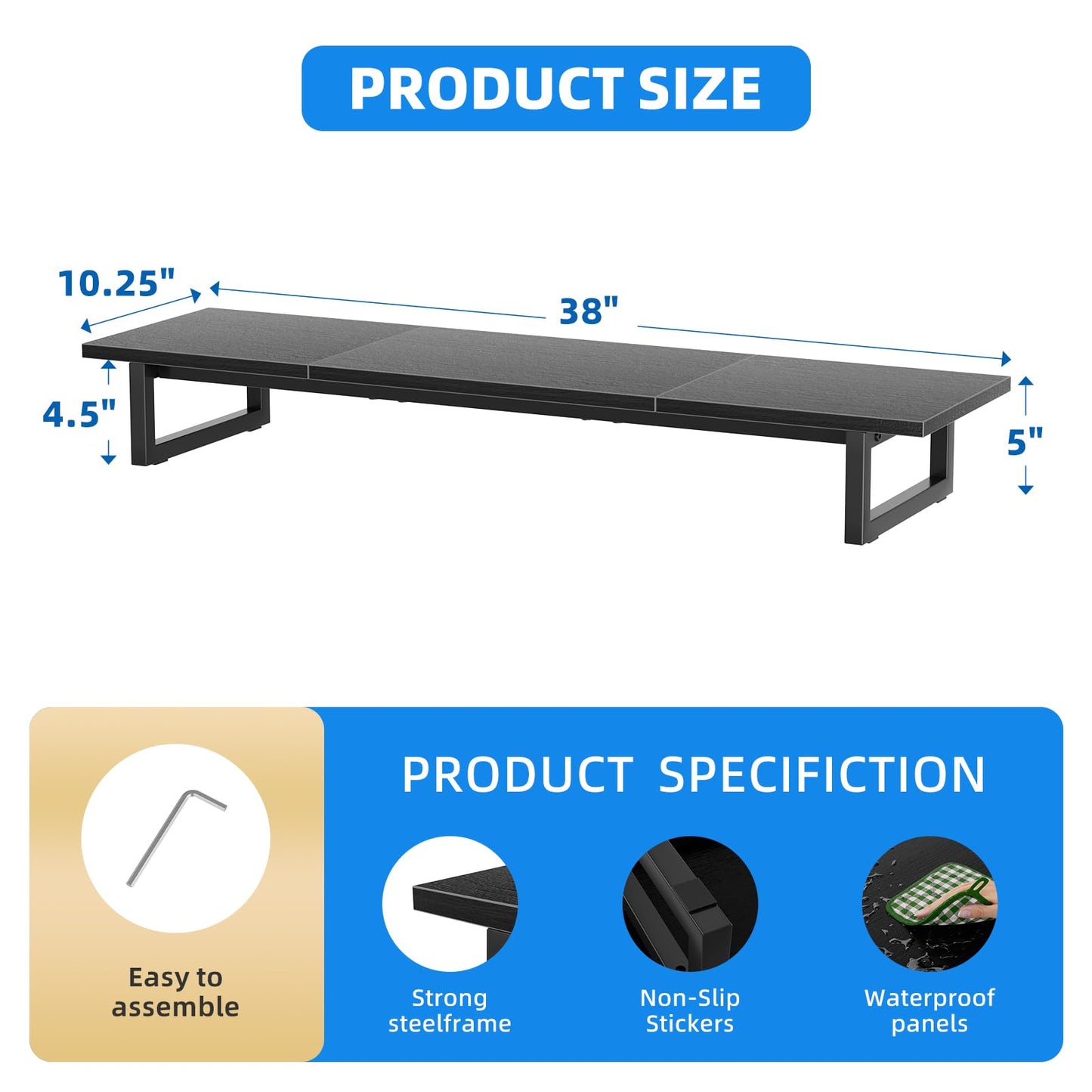 Simple Trending 38 Inch Dual Monitor Stand Riser, Wood and Steel Desktop Organizer for Home Office, Black