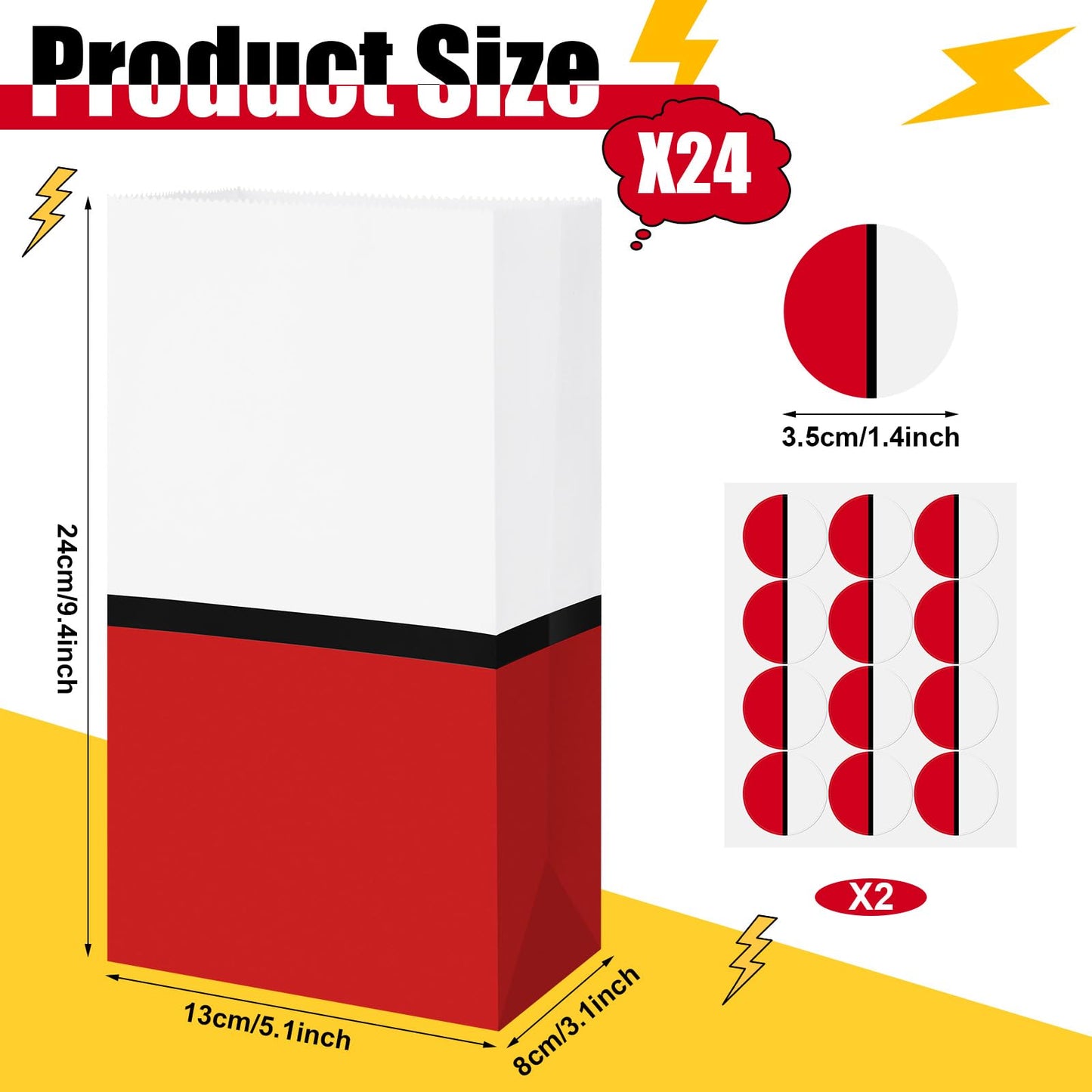 Joottuan 24 Pcs Cartoon Goodie Bags Red White Candy Bags with 24 Stickers Paper Gift Bag Decorations for Birthday Holiday Event Supplies Gift Fillers