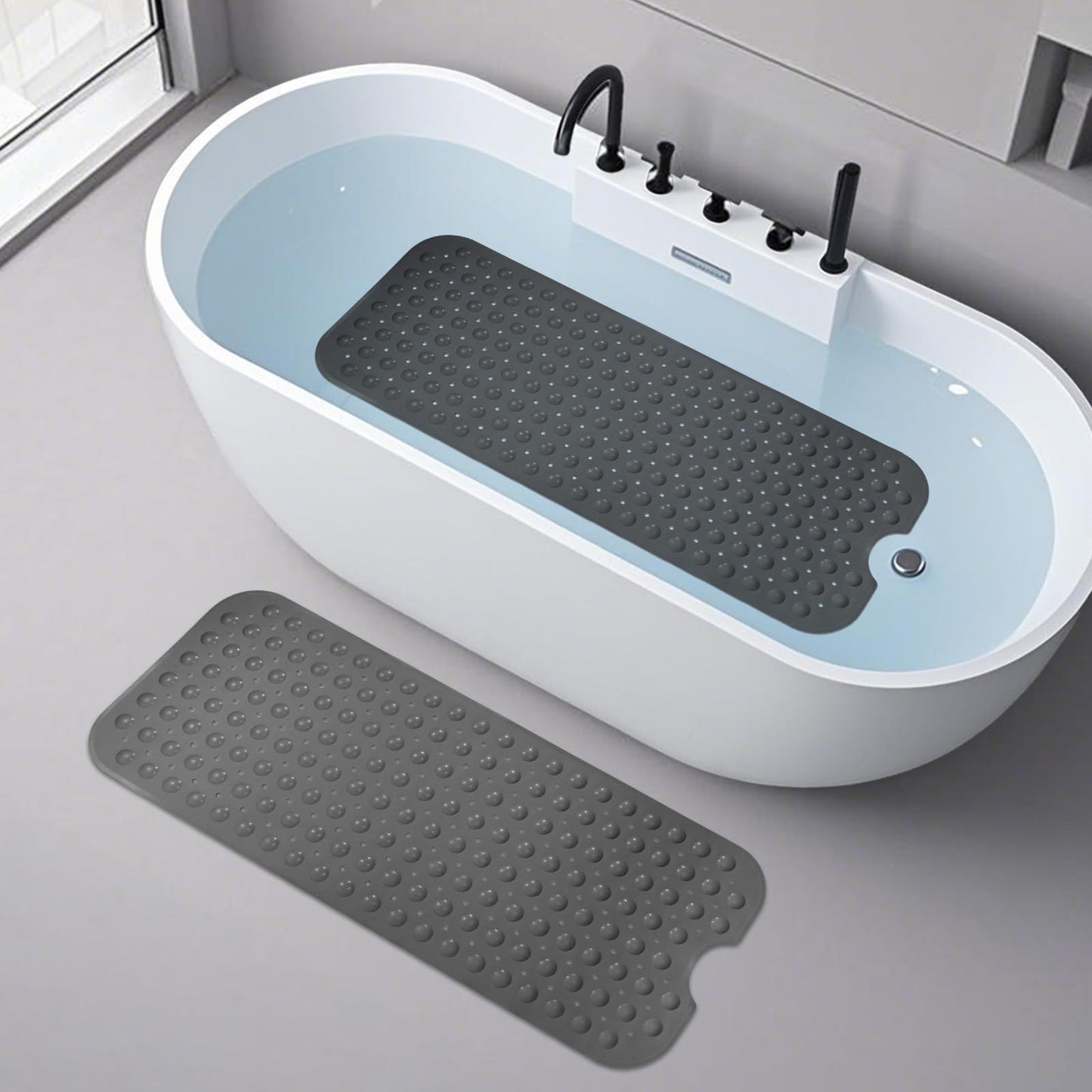 WarmSnow（TPE） Long Bathtub Mat Non Slip 39.5 x 16 Inch, Inside Shower Mats with Suction Cups & Drain Holes, Soft TPE Bath Mat for Tub, Quick-Drain Bathroom Floor Mats, Dark Gray