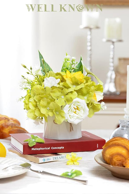WELL KNOWN Small Fake Flowers in Plastic Vase 7" Centerpieces Coffee Table Decor, Green White Silk Flower Arrangements for Home Decor Indoor Artificial Flower Bouquet for Dining Room Kitchen Wedding