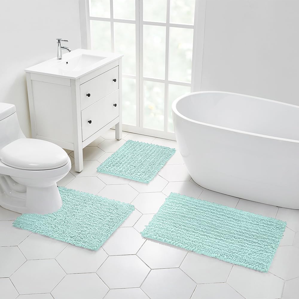 Walensee Large Bathroom Rug Non Slip Bath Mat (72x24 Inch Spa Blue) Water Absorbent Super Soft Shaggy Chenille Machine Washable Dry Extra Thick Perfect Absorbant Best Plush Carpet for Shower Floor