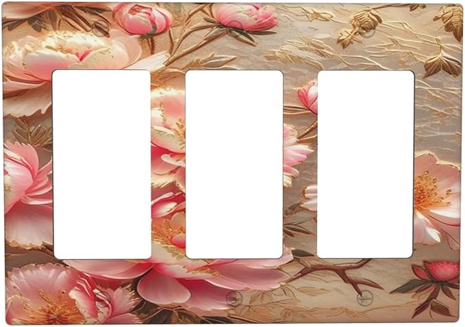 Pink Blooming Flowers Peonies Floral 3 Gang Rocker Triple Outlet Wall Plate Decorative Switch plate Cover Faceplate GFCI Light Switch Covers for Farmhouse Living Decor