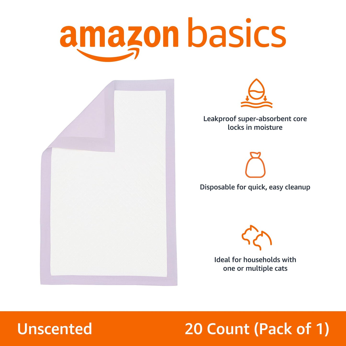 Amazon Basics Cat Pee Pads, Super Absorbent, Odor Control, Universal Fit for Litter Box, Disposable, Multi-Cat, Unscented, Purple and White, 20 Count
