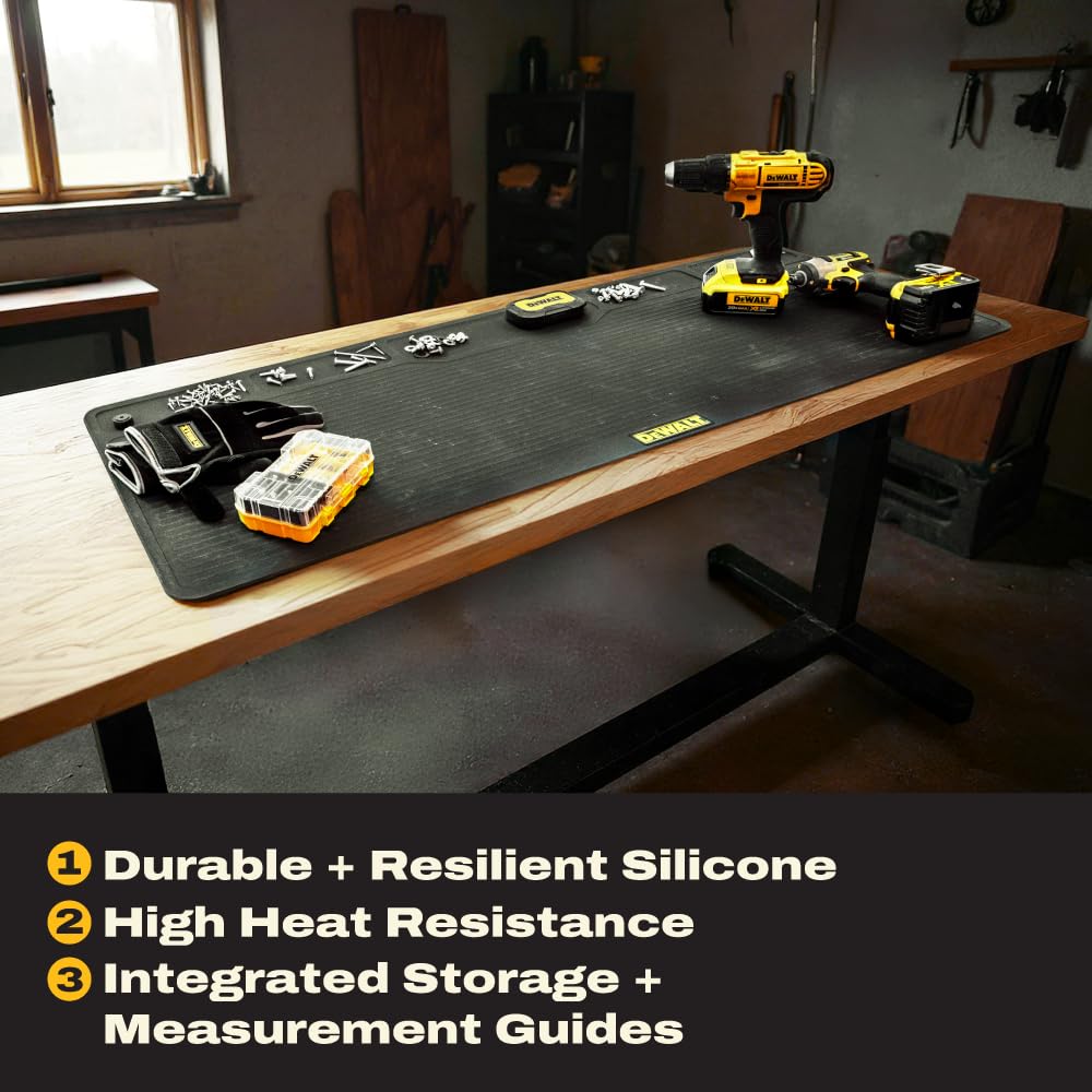 DEWALT Workbench Mat 18x48 in – Heavy Duty 3mm Silicone Work Bench Mat with SAE & Metric Rulers, Oil Heat Chemical Resistant, Non-Slip Grip, Built-in Parts Slots, Workbench Protector Mat, Black