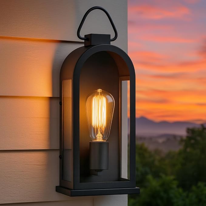 Vintage Outdoor Wall Light Fixture (1 Pcs) - Matte Black Porch Lantern/Exterior Wall Sconce, Glass Shade, Sturdy Metal Frame, Waterproof & Anti-Rust, Fit for Entryway/Garage/Patio/Doorway, E26 Socket