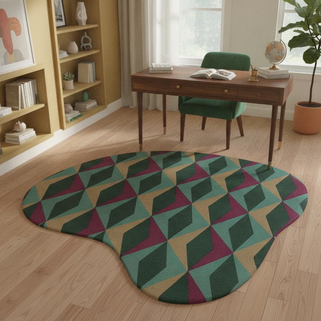 Irregular Shaped Area Rug Dark Green Tea Beige Diamond Geometric Pattern Non-Slip Washable Rug for Living Room Bedroom Home Office Minimalist Mid Century Modern Turkish Soft Indoor Floor Carpet 3ft
