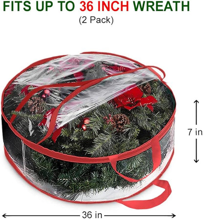 ProPik Christmas Wreath Storage Bag 36" - 2 Pack Clear Christmas Wreath Storage Container - Garland Holiday Artificial Wreath Storage Holder - Water Proof Transparent Clear PVC (36 Inch, Red)