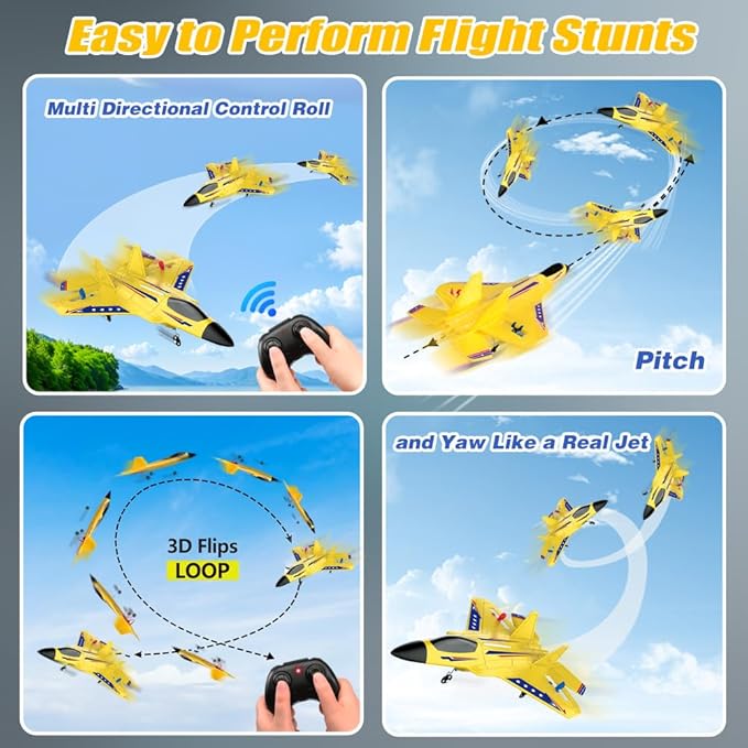 Fremego F22 RC Airplane 2.4GHz Remote Control Plane with Gyro Stabilizer LED Lights &amp Dual Batteries Easy Fly RC Glider for Kids Boys Adults Beginners(Yellow)