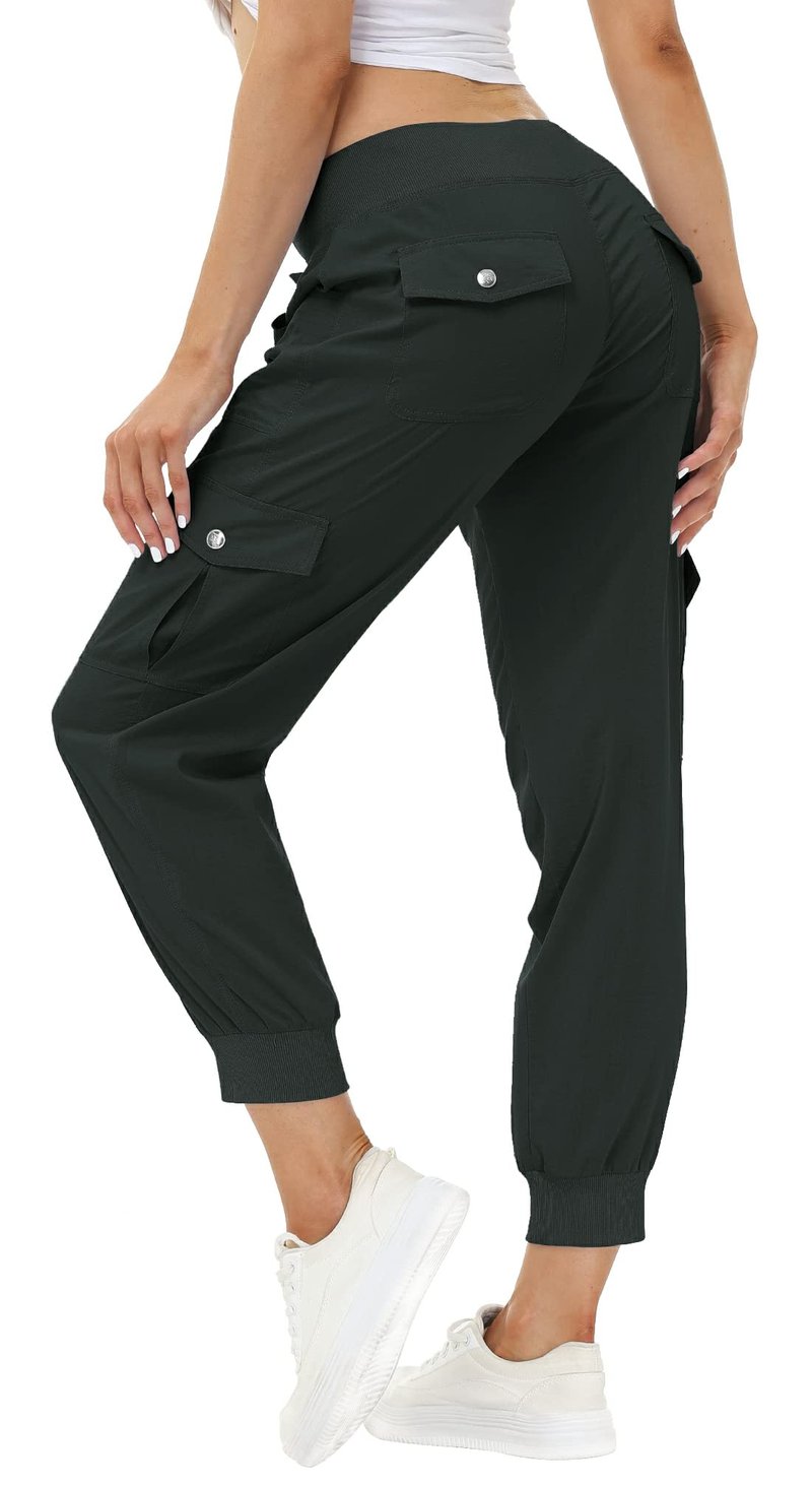 MoFiz Women Cargo Pants with Pockets Lightweight Outdoor Summer Travel Casual Hiking Pants Running Joggers Sweatpants Elastic Waist Dark Grey L