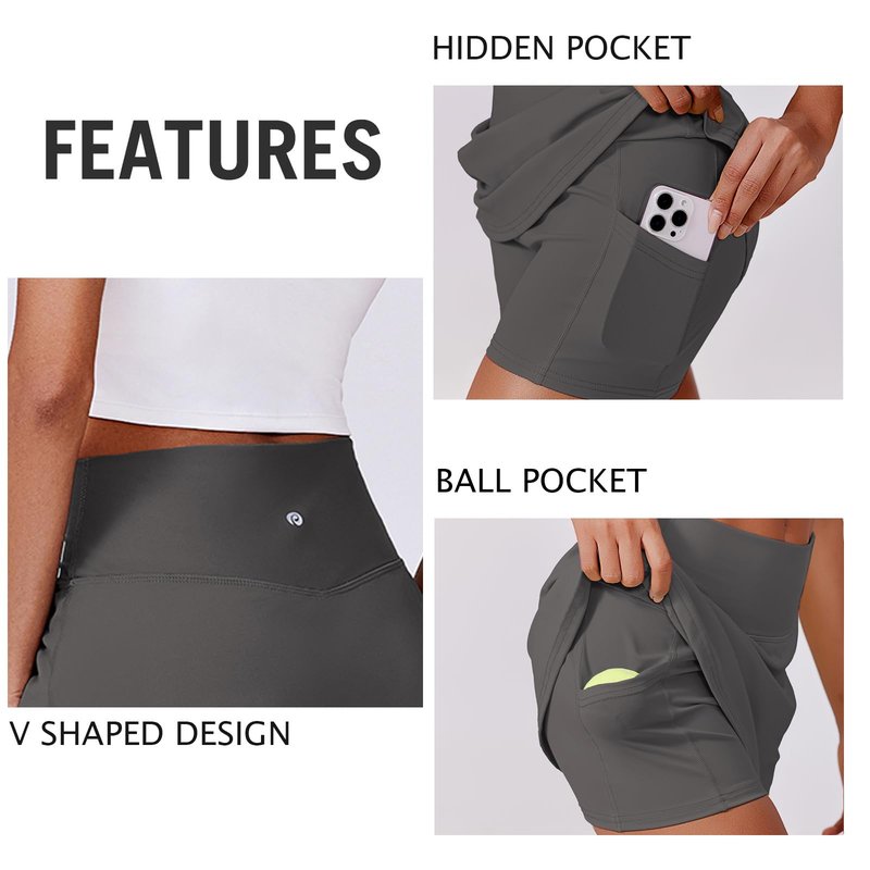 PINSPARK Golf Skirts for Women V Waisted Tennis Skorts Lightweight Athletic Skirt Stretchy Workout Skort with Pockets, Dark Grey XL