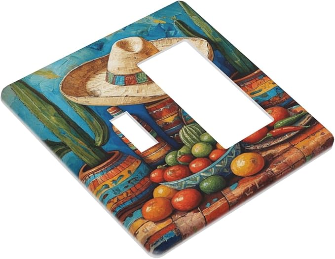 Decorative Art Light Switch Covers Mexican Sombrero & Serape Vibes 2 Gang Single Toggle Rocker Combination Electrical Faceplate Switchplate Wall Plate for Home Decor
