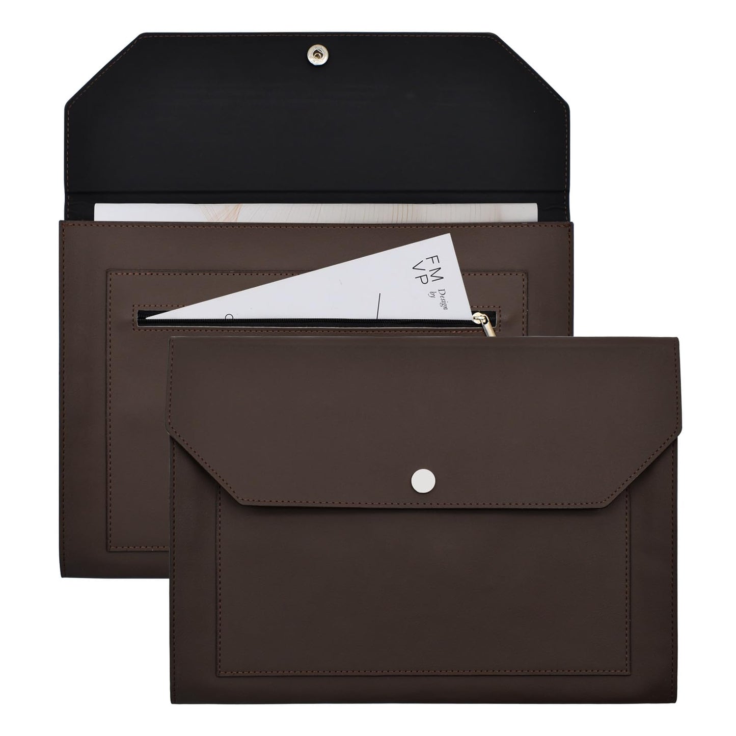 VANRA 1 Piece PU Leather Expanding File Folder Organizer Document Holder with Snap Button Zippered Pocket, Portfolio Envelope Folder Case for A4 Letter Size Paper (Dark Brown)